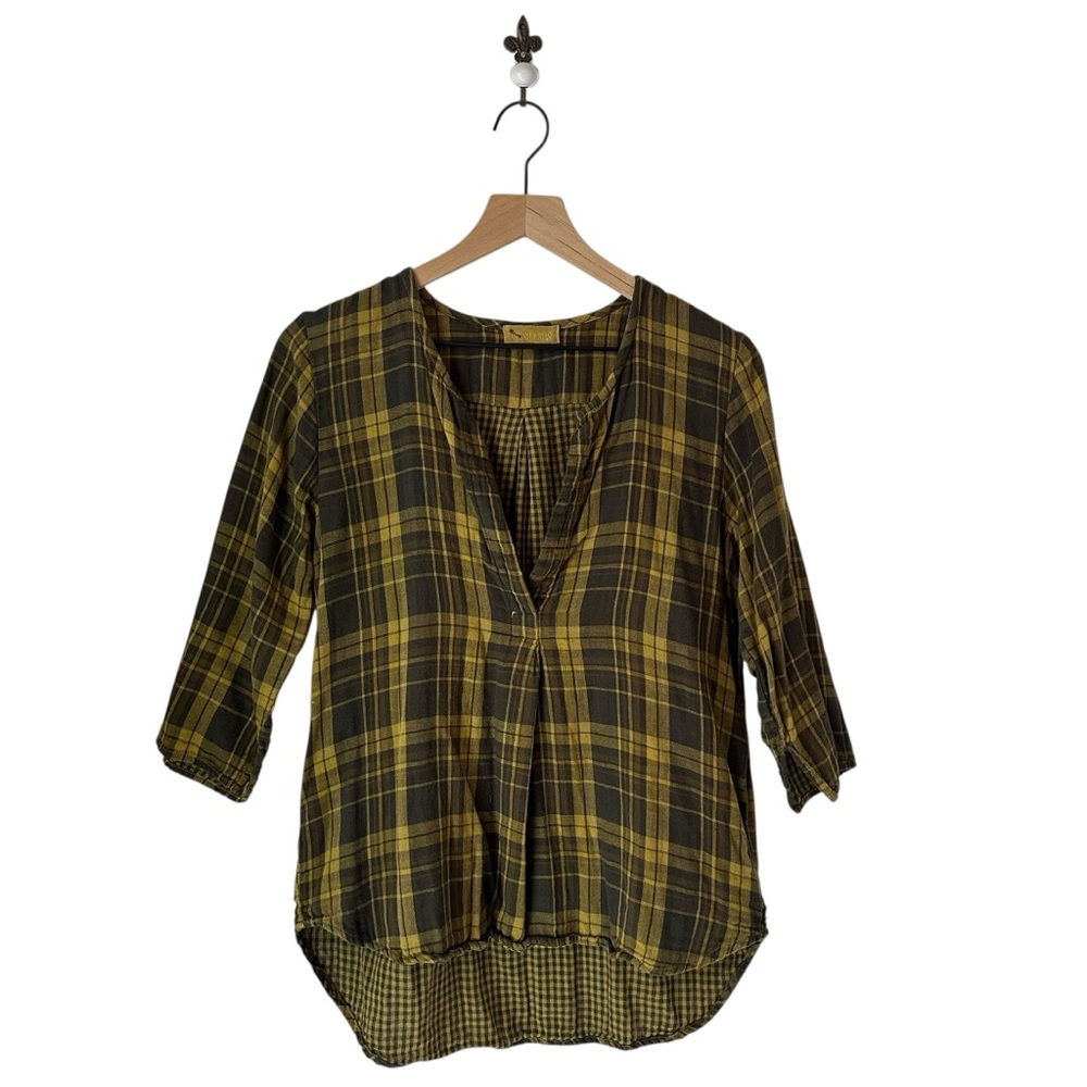 CP Shades Plaid Tunic Top Yellow Black 3/4 Sleeve High‎ Low Hem XS